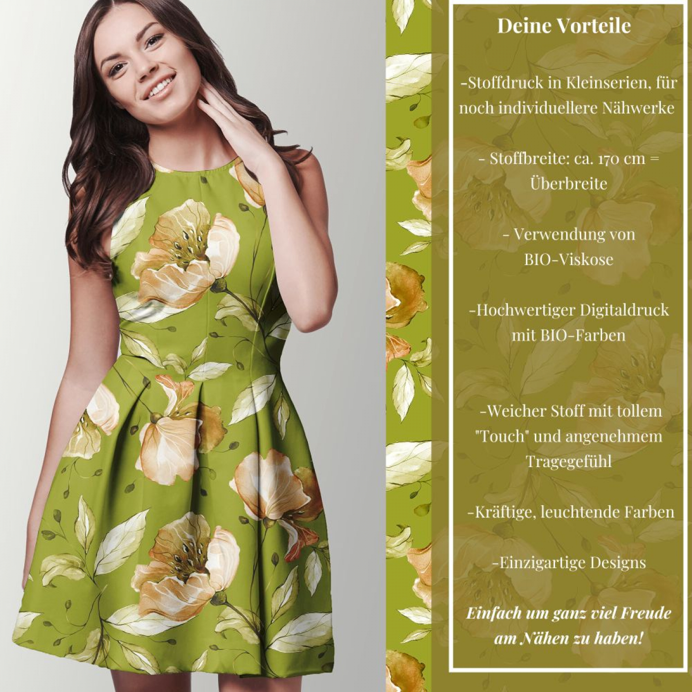 Viskosejersey  Eigenproduktion "Vintage Flowers 2023 -WildPistachio" - von Graustufen-Stoffe